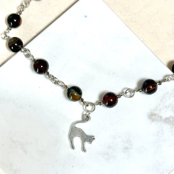 Genuine Dark Brown Agate Necklace, Natural Gemstone & Cute Slim Cat Pendant - Picture 5 of 15